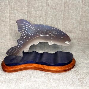 Stainless Steel Trout Fish With Blue Stained Wooden Base Metal Art